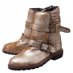 Zadig and Voltaire Gold/Bronze Metallic Faded Effect Leather and Python Embossed Buckle Ankle Boots Size 38