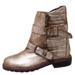 Zadig and Voltaire Gold/Bronze Metallic Faded Effect Leather and Python Embossed Buckle Ankle Boots Size 38