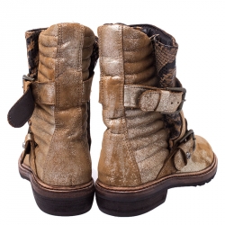 Zadig and Voltaire Gold/Bronze Metallic Faded Effect Leather and Python Embossed Buckle Ankle Boots Size 38
