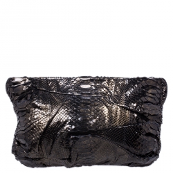 Zagliani Metallic Python Leather Oversized Clutch 