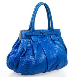 Zagliani Metallic Python Large Blue Puffy Handbag