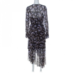 Pre Owned Zimmermann Black Lavender Print Chiffon Asymmetric Ruffle Detail Dress L
