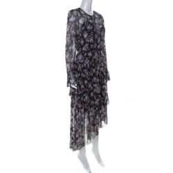 Pre Owned Zimmermann Black Lavender Print Chiffon Asymmetric Ruffle Detail Dress L