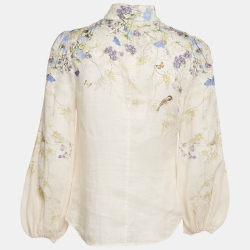 Pre Owned Zimmermann Cream Citrus Butterflies Print Linen Button Front Blouse S