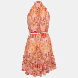 Pre Owned Zimmermann Pink/Coral Floral Printed Georgette Violet Short Halter Dress S   