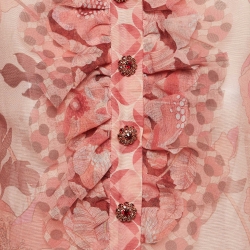 Pre Owned Zimmermann Coral Pink Floral Print Linen & Silk Ruffled Top M