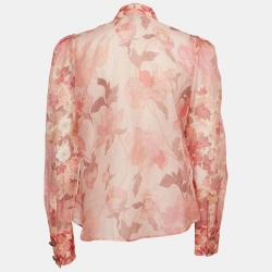 Pre Owned Zimmermann Coral Pink Floral Print Linen & Silk Ruffled Top M