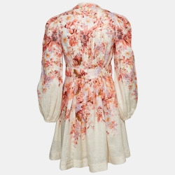 Pre Owned Zimmermann Off-White Floral Print Linen Mini Dress S