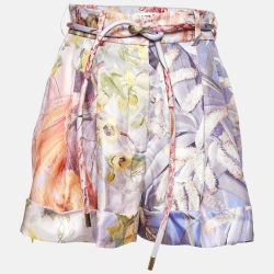 Zimmermann Purple Botanica Book Print Silk Belted Shorts M