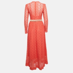 Zimmermann Coral Pink Crochet Shell Belted Maxi Dress M