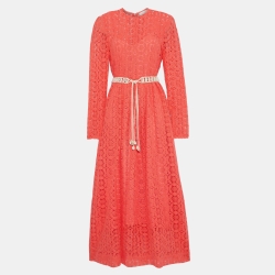 Zimmermann Coral Pink Crochet Shell Belted Maxi Dress M