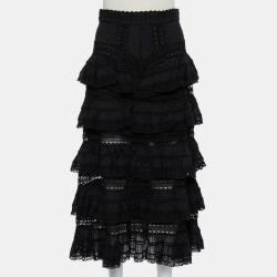 Black Paneled Cotton Lace Trim Ruffled Tiered Midi Skirt