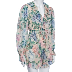 Pre Owned Zimmermann Cream Floral Printed Chiffon Natural Verity Floating Ruffled Jumpsuit XS