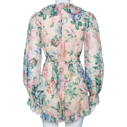 Pre Owned Zimmermann Cream Floral Printed Chiffon Natural Verity Floating Ruffled Jumpsuit XS