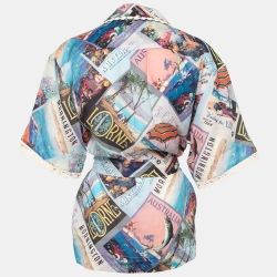 Pre Owned Zimmermann Multicolor Postcard Printed Ramie Oversized Belted Shirt M