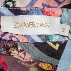 Pre Owned Zimmermann Multicolor Postcard Printed Ramie Oversized Belted Shirt M