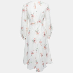 Pre Owned Zimmermann White Floral Printed Linen Long Sleeve Midi Dress M
