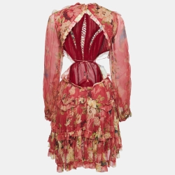 Pre Owned Zimmermann Red Floral Printed Chiffon Ruffled Backless Mini Dress M