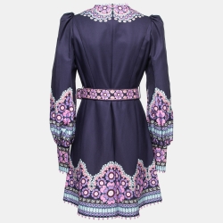 Pre Owned Zimmermann Navy Blue Daisy Print Silk Blend V-Neck Beaded Mini Dress M