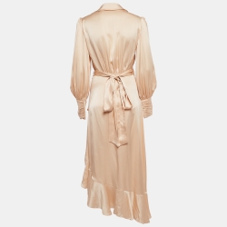 Pre Owned  Zimmermann Beige Silk Satin Blouson Sleeve Asymmetric Midi Wrap Dress M