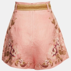 Pre Owned Zimmermann Pink Floral Print Linen Belted Shorts M