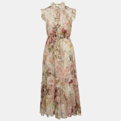 مملوكة مسبقًا Zimmermann Pink Floral Printed Chiffon Silk Flutter Midi Dress M