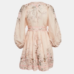 Pre Owned Zimmermann Pink Printed Linen Belted Mini Dress S