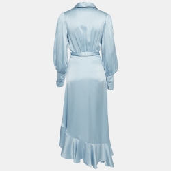 Pre Owned Zimmermann Blue Silk Satin Asymmetric Midi Wrap Dress M