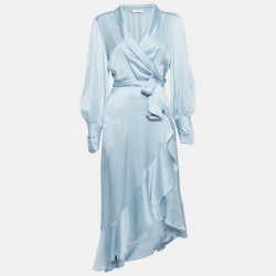 Blue Silk Satin Asymmetric Midi Wrap Dress