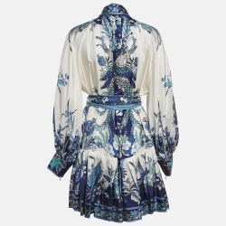 مملوكة مسبقًا Zimmermann White/Blue Glassy Floral Silk Belted Mini Dress M