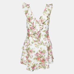 Pre Owned Zimmermann White Watermelon Floral Print Linen Flutter Dress L