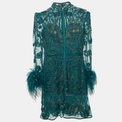 Pre Owned Zuhair Murad Green Beaded Tulle Faux Feather Detail Mini Dress XS