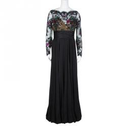Pre Owned Zuhair Murad Black Lace Embellished Detail Ruched Long Sleeve Gown L