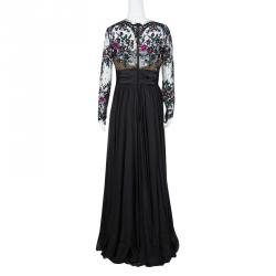 Pre Owned Zuhair Murad Black Lace Embellished Detail Ruched Long Sleeve Gown L