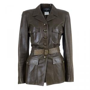 Pre Owned Chanel Brown Millitary Leather Jacket L