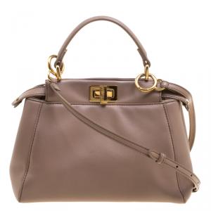 Pre Owned Fendi Beige Leather Mini Peekaboo Top Handle Bag