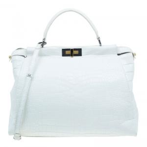 Pre Owned Fendi White Crocodile Large Peekaboo Tote