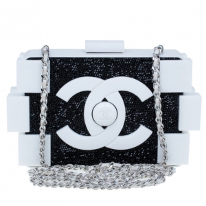 Pre Owned Chanel Black and White Crystal Lego Clutch