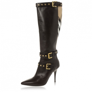 Pre Owned Burberry Brown Inset Check Print Leather Boots Size 37