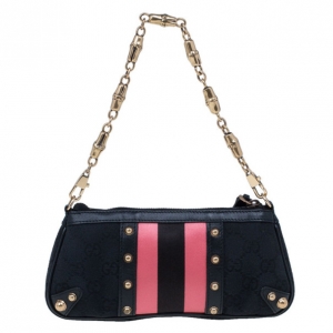 Pre Owned Gucci Black Monogram Canvas Web Detail Pouch