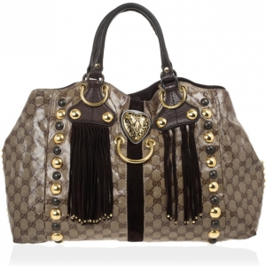 Pre Owned Gucci Beige Ebony GG Crystal Canvas Babouska Heart Tote Bag