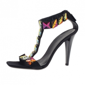 Pre Owned Gucci Black Satin Embellished T Strap Sandals Size 38