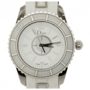 Pre Owned Christian Dior Christal SS Ceramic White Womens Wristwatch 28 MM
