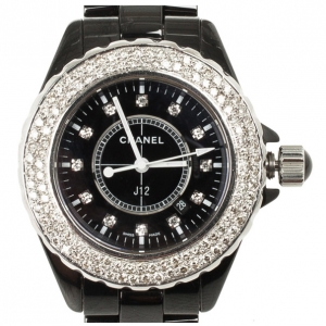 Pre Owned Chanel J 12 SS Ceramic Diamond Bezel Womens Wristwatch 33 MM