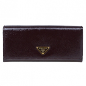 Pre Owned Prada Burgundy Patent Saffiano Leather Long Flap Wallet