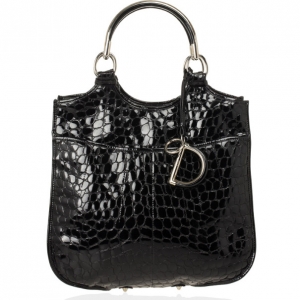 Pre Owned Christian Dior Black Croc Embossed Patent Leather 61 Tote Bag