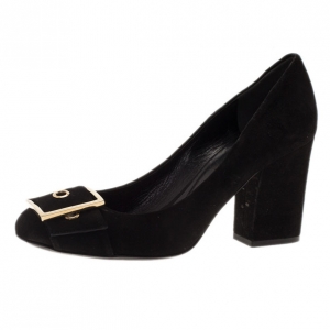 Pre Owned Gucci Black Suede Buckle Block Heel Pumps Size 40