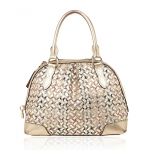 Pre Owned Burberry Metallic Gold Woven Top Handle Bag