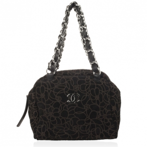 Pre Owned Chanel Black Suede Camelia Embossed Boston bag