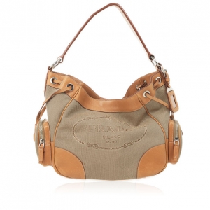Pre Owned Prada Beige Trim Logo Jacquard Hobo Bag